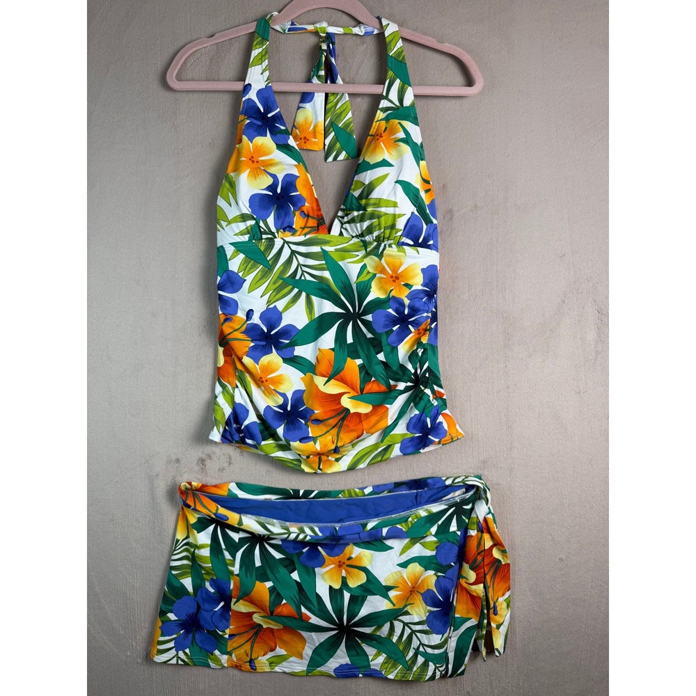 Tommy Bahama Tankini Set Women Swim Skirt Halter Top Multi Color 14 Excellent